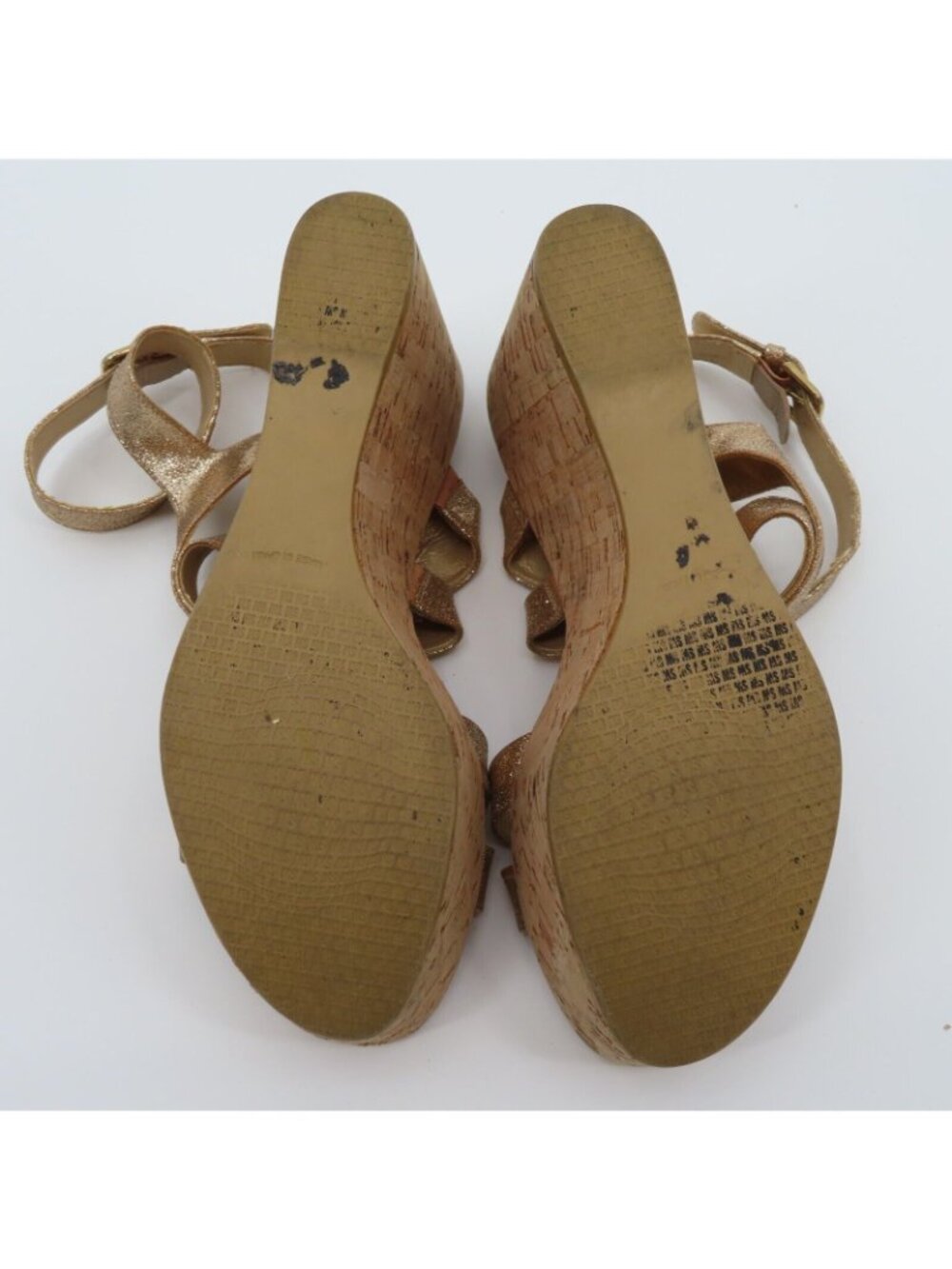 Stuart Weitzman Women 9M Gold Glitter Cork Platform Wedge Sandals Strappy Shoes - Picture 11 of 13
